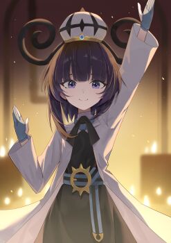 1girl absurdres aichry arm_up belt belt_buckle black_dress blue_gloves blunt_bangs bob_cut buckle closed_mouth coat commentary dress english_commentary gloves gwynn_(pokemon) hat highres long_sleeves looking_at_viewer mega_stone mixed-language_commentary nintendo o-ring o-ring_belt open_clothes open_coat partially_fingerless_gloves pokemon pokemon_legends:_z-a purple_eyes purple_hair short_hair smile solo white_coat white_hat