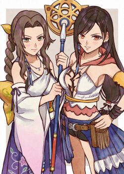 aerith_gainsborough bag brown_eyes brown_hair cosplay detached_sleeves final_fantasy final_fantasy_vii final_fantasy_x final_fantasy_x-2 green_eyes hakama hakama_skirt highres holding holding_staff hood hood_down in-franchise_crossover japanese_clothes jewelry long_hair low-tied_long_hair mage_staff necklace obi print_hakama purple_hakama rena_s1226 sash satchel short_shorts shorts showgirl_skirt skirt staff tifa_lockhart wide_sleeves wristband yuna_(ff10) yuna_(ff10)_(cosplay)