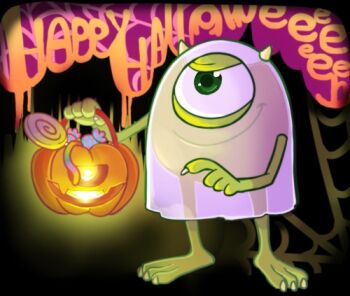 1boy animification colored_skin cyclops full_body green_eyes green_skin halloween horns lowres male_focus mike_wazowski monsters_inc. no_humans one-eyed solo teeth yokotn