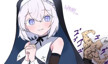 ... 1girl 1other :3 animal back_muscles bald bare_shoulders beak bird black_bow black_dress black_male_underwear blush bow bowtie braid brand_name_imitation breasts colored_skin commentary_request cross cross-shaped_pupils detached_sleeves dot_nose dress duck flexing grin hair_between_eyes hands_up hat highres korean_commentary korean_text latin_cross looking_at_viewer male_underwear medium_breasts medium_hair menacing_(jojo) mitre muscular nun own_hands_clasped own_hands_together personification pose_request purple_eyes raised_eyebrows simple_background sketch sleeve_cuffs smile solid_circle_eyes standing stardays symbol-shaped_pupils teeth terri_nunna underwear upper_body veil white_background white_hair wingcat wrist_cuffs yellow_skin