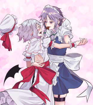 Rule 34 | 2girls, back cutout, bat wings, blue eyes, bow, clothing cutout, collar, collared dress, commentary request, dancing, dress, ears down, face-to-face, flustered, frilled collar, frilled cuffs, frills, garter straps, grey hair, hair between eyes, hand on another's waist, high heels, highres, izayoi sakuya, kanaria (bcomn), long dress, looking at another, low wings, medium hair, multiple girls, open mouth, puffy short sleeves, puffy sleeves, purple hair, red bow, red eyes, remilia scarlet, short hair, short sleeves, simple background, single wing, skindentation, surprised, thigh strap, touhou, unworn headwear, waist bow, waist ribbon, white background, white dress, wings, wrist cuffs
