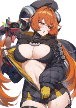 1girl beret bikini black_bikini black_hat black_horns blush breasts commentary curled_horns english_commentary gloves green_eyes hat highres horns jacket large_breasts long_hair looking_to_the_side magus_(zenless_zone_zero) navel open_mouth orphie_magnusson pointy_ears raijuu_(bakanara) red_hair red_pupils simple_background solo sweat swimsuit tail thighs twintails unzipped white_background yellow_gloves zenless_zone_zero