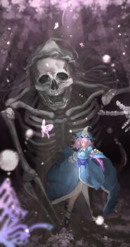 2girls blue_bow blue_hat blue_kimono blue_sash blurry bone bow brown_shoes bug butterfly cherry_blossoms commentary_request corpse depth_of_field falling_petals flying glowing glowing_butterfly glowing_eyes grey_hat hand_fan hat highres insect japanese_clothes kimono light_particles light_rays long_sleeves looking_at_viewer mary_janes mob_cap multiple_girls nagi_(xx001122) parted_lips petals pink_butterfly pink_eyes pink_hair purple_background saigyou_ayakashi saigyouji_yuyuko saigyouji_yuyuko_(living) sash shoes skeleton skull socks touhou tree triangular_headpiece white_socks