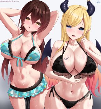 2girls absurdres armanditto armpits arms_behind_head arms_up bikini bikini_skirt black_bikini blonde_hair blue_bikini blue_eyes blush breast_tattoo breasts brown_hair cleavage demon_girl demon_horns demon_wings gradient_hair heart heart_tattoo highres hololive horns large_breasts looking_at_viewer multicolored_hair multiple_girls navel official_alternate_costume open_mouth pink_hair pointy_ears roboco-san roboco-san_(hololive_summer_2019) side-tie_bikini_bottom skirt swimsuit tattoo virtual_youtuber white_background white_skirt wings yellow_eyes yuzuki_choco yuzuki_choco_(hololive_summer_2019)