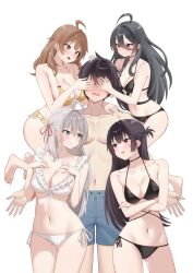 1boy 4girls :d alisa_mikhailovna_kujou bikini black_bikini black_hair blue_eyes blue_male_swimwear bow bow_bikini breasts brother_and_sister brown_eyes brown_hair bygin cleavage closed_mouth collarbone covering_another&#039;s_eyes frilled_bikini frills hands_on_own_chest highres kimishima_ayano kuze_masachika large_breasts looking_at_another looking_to_the_side male_swimwear mariya_mikhailovna_kujou medium_breasts multiple_girls navel open_mouth orange_bikini pectorals short_hair siblings side-tie_bikini_bottom simple_background sisters smile suou_yuki sweatdrop swim_trunks swimsuit thighs tokidoki_bosotto_roshia-go_de_dereru_tonari_no_alya-san tongue topless_male white_background white_bikini white_hair