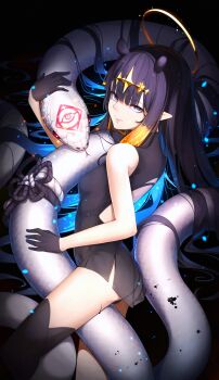 1girl absurdres alternate_costume ass backless_dress backless_outfit black_dress black_gloves black_thighhighs blue_eyes blue_hair blunt_bangs breasts chinese_zodiac closed_mouth colored_inner_hair commentary diamond_hairband dress from_side gloves gradient_hair halo highres hololive hololive_english ink j4ngaro long_hair long_pointy_ears looking_at_viewer medium_breasts mole mole_under_eye multicolored_hair ninomae_ina&#039;nis orange_hair pointy_ears purple_hair see-through_clothes see-through_dress short_dress sidelocks single_thighhigh sleeveless sleeveless_dress snake solo tentacle_hair thighhighs traditional_halo very_long_hair virtual_youtuber white_snake year_of_the_snake yellow_halo