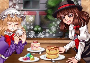 :d artist_name asymmetrical_hair black_hat black_skirt blonde_hair bow bowtie brown_eyes brown_hair bush buttons cake closed_eyes collared_dress collared_shirt commentary cup dating dessert diagonal-striped_clothes diagonal-striped_necktie dress elbow_rest food food_request fork hair_bow hand_rest hands_on_table hat highres holding holding_cup indoors juliet_sleeves long_sleeves looking_at_object maribel_hearn medium_hair mob_cap necktie open_mouth pancake pavement plate puffy_long_sleeves puffy_sleeves purple_dress red_bow red_bowtie red_necktie sash shirt shirt_tucked_in sitting skirt sleeve_garter smile snowflakes standing striped_clothes table touhou tree usami_renko white_hat white_sash white_shirt window winner7xp winter yuri