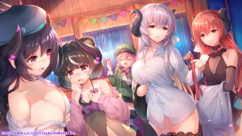 5girls absurdres bare_shoulders black_hair blush breasts cleavage closed_eyes covered_navel curtains demon_horns dmm elbow_gloves gloves grey_hair highres horns large_breasts long_sleeves mist_train_girls multiple_girls naked_shirt open_mouth red_eyes red_hair see-through_clothes shirt skirt small_breasts smile thighhighs thighs yellow_eyes