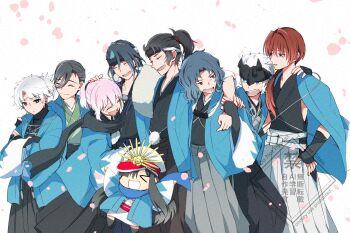 1girl 6+boys aqua_haori arm_around_shoulder arm_guards black_hair black_hakama black_kimono black_scarf blue_scarf closed_eyes curtained_hair facial_scar fate/grand_order fate_(series) forehead_protector fur_shawl gloves green_kimono grey_hair grey_hakama hair_pulled_back hakama hand_on_another's_head hand_on_another's_shoulder haori haori_on_shoulders harada_sanosuke_(fate) harada_sanosuke_(teal_haori_and_hakama)_(fate) headband highres hijikata_toshizou_(fate) hijikata_toshizou_(teal_haori_and_hakama)_(fate) japanese_clothes kimono kondou_isami_(fate) long_hair low_ponytail m0m0kawa2 medium_sideburns mini_nobu_(fate) multiple_boys nagakura_shinpachi_(fate) nagakura_shinpachi_(third_ascension)_(fate) oda_nobunaga_(fate) okita_souji_(fate) okita_souji_(teal_haori_and_hakama)_(fate) open_mouth partially_fingerless_gloves pink_hair ponytail red_hair saitou_hajime_(fate) saitou_hajime_(third_ascension)_(fate) scar scar_on_cheek scar_on_face scar_on_forehead scarf shawl shinsengumi_(fate) short_ponytail sideburns sleeveless sleeveless_kimono smile spiked_headband tasuki toudou_heisuke_(fate) toudou_heisuke_(third_ascension)_(fate) watermark wavy_hair white_background white_hair white_hakama white_kimono yamanami_keisuke_(fate) yamanami_keisuke_(third_ascension)_(fate)