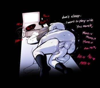 2boys anal anus bottomless clothed_male_nude_male clothed_sex computer doppel_(bonnypir) english_text frog_embrace_position heart looking_back lying male_penetrated multiple_boys nude original partially_undressed prone_bone sex sex_from_behind short_hair speech_bubble testicles yaoi