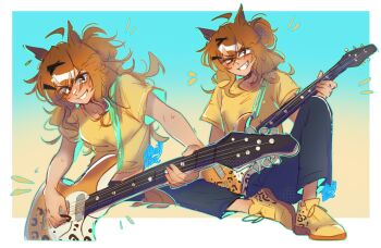 absurdres ahoge animal_ears blue_pants blush breasts brown_hair calamity_brezze electric_guitar grin guitar hair_between_eyes hair_ornament hairclip highres holding holding_guitar holding_instrument horse_ears horse_girl horse_tail instrument jewelry jungle_pocket_(umamusume) medium_hair midriff music notched_ear open_mouth pants playing_instrument shirt shoes short_sleeves smile tail teeth umamusume yellow_eyes yellow_shirt