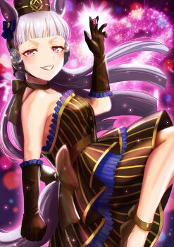 1girl animal_ears bare_shoulders blunt_bangs blush bow breasts brown_dress brown_gloves commentary_request dated_commentary dress ear_bow gloves gold_ship_(umamusume) grey_hair grin hat highres holding horse_ears horse_girl horse_tail long_hair looking_at_viewer open_mouth otono_(bkt4b) pillbox_hat purple_eyes smile solo strapless strapless_dress tail teeth umamusume