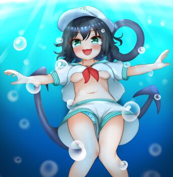 :d anchor anchor_symbol black_hair blue_panties blush breasts bubble collared_shirt cowboy_shot green_eyes hat highres kasoka_soka looking_at_viewer murasa_minamitsu navel neckerchief open_mouth outstretched_arms panties panty_peek polka_dot polka_dot_panties red_neckerchief shirt short_hair short_sleeves shorts smile touhou underboob underwater underwear white_hat white_shirt white_shorts