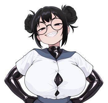 1girl black_hair bodysuit breasts button_gap glasses hair_bun hands_on_own_hips large_breasts latex latex_bodysuit looking_at_viewer mokoyamo narrowed_eyes original round_eyewear sharp_teeth shirt short_hair simple_background smile solo teeth v-shaped_eyebrows white_background white_shirt