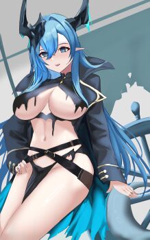 1girl absurdres akuaka azur_lane belt black_belt black_coat black_horns blue_hair breasts coat commentary crossed_belts english_commentary gold_trim hair_between_eyes hand_on_own_hip highres horns large_breasts large_horns long_hair long_sleeves mary_celeste_(azur_lane) navel open_mouth pointy_ears ship's_wheel sitting solo torn_clothes torn_coat underboob very_long_hair