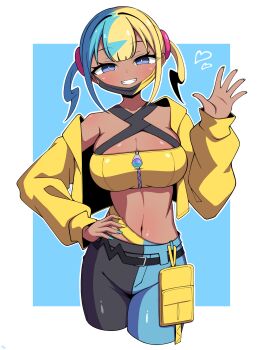 1girl black_hair blonde_hair blue_eyes blue_hair breasts canari_(pokemon) cleavage heart highres jacket komemimi_0523 large_breasts multicolored_hair nail_polish navel nintendo open_clothes open_jacket pants pokemon pokemon_legends:_z-a smile solo split-color_hair tank_top waving yellow_jacket