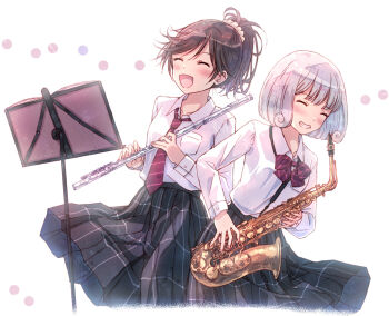 2girls black_hair blush bow bowtie breast_pocket closed_eyes commentary_request flute grin hair_ornament hair_scrunchie holding holding_flute holding_instrument holding_saxophone instrument long_sleeves multiple_girls music_stand necktie open_mouth original plaid_clothes plaid_skirt pocket ponytail saxophone school_uniform scrunchie short_hair skirt smile striped_bow striped_bowtie striped_clothes striped_necktie white_hair yakka