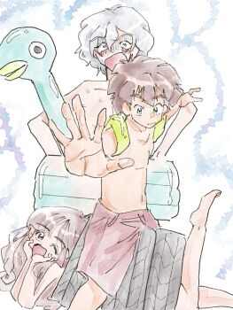 1girl 2boys amanokawa_hiro blue_eyes brown_hair digimon digimon_ghost_game green_eyes higashimitarai_kiyoshiro highres long_hair looking_at_viewer multiple_boys pink_eyes short_hair tsukiyono_ruli what white_hair