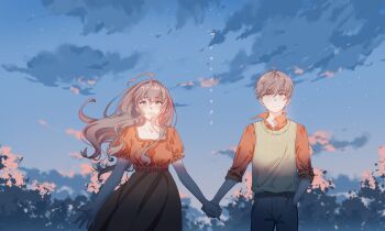 1boy 1girl absurdres ahoge blouse breasts brown_eyes brown_hair cloud cloudy_sky collared_shirt commentary_request couple frilled_shirt frills highres holding_hands long_hair long_skirt looking_at_viewer medium_breasts open_mouth orange_shirt original shirt short_hair skirt sky smile standing sweater_vest teardrops_(user_vgvd7733) upper_body