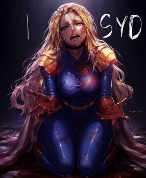 1girl american_flag armor artist_name begging black_choker blonde_hair blood blood_from_mouth blood_on_clothes blood_on_face blue_bodysuit blue_eyes bodysuit breasts cape choker commentary crying crying_with_eyes_open english_commentary english_text genderswap genderswap_(mtf) gloves groveling highres homelander i'll_fucking_suck_your_dick_(meme) kneeling large_breasts long_hair meme nosebleed open_mouth pleading_eyes red_gloves saibarot1 shoulder_armor solo striped_cape superhero_costume swept_bangs tears teeth the_boys tongue two-tone_cape