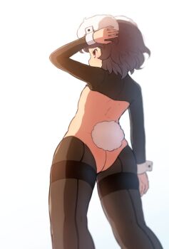 1girl animal_ears arm_behind_head arm_up ass brown_hair brown_hiphighs commentary_request from_behind hiphighs inaba_tewi long_sleeves rabbit_ears rabbit_girl rabbit_tail red_eyes reverse_bunnysuit reverse_outfit shirosato shrug_(clothing) simple_background solo tail touhou white_background