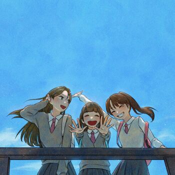 3girls adjusting_hair blue_sky blunt_bangs blush brown_eyes brown_hair closed_eyes collared_shirt commentary cowboy_shot dini_illust facing_viewer from_below hand_in_own_hair highres long_hair long_sleeves looking_at_another medium_hair multiple_girls necktie open_mouth original outdoors outstretched_arms parted_bangs pleated_skirt ponytail railing shirt simple_background skirt sky smile standing straight-on striped_necktie sweater sweater_vest symbol-only_commentary teeth v-neck white_shirt