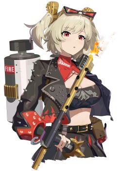 Rule 34 | 1girl, absurdres, belt, black belt, black gloves, black jacket, black skirt, blonde hair, breasts, burnice white, cleavage, commentary, crop top, cropped legs, eyewear on head, fingerless gloves, fire, flamethrower, gas tank, gloves, hair ornament, harusame (user fxga4573), highres, holding, holding flamethrower, holding weapon, jacket, long sleeves, looking at viewer, mixed-language commentary, open mouth, red-tinted eyewear, red eyes, short hair, simple background, skirt, smile, solo, strapless, tinted eyewear, tube top, twintails, weapon, white background, zenless zone zero
