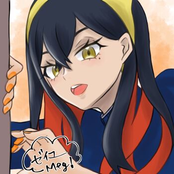 1girl appleberry9 black_hair blue_jacket carmine_(pokemon) colored_inner_hair crossed_bangs derivative_work hair_between_eyes hairband highres jacket long_hair long_sleeves mole mole_under_eye multicolored_hair nintendo open_mouth orange_nails pokemon pokemon_sv red_hair solo teeth two-tone_hair upper_body upper_teeth_only yellow_eyes yellow_hairband