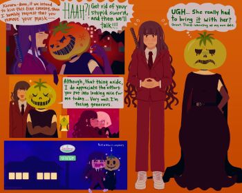 >_< 2girls 4koma alternate_costume anger_vein angry black_hair blonde_hair blue_eyes blush comic crossed_arms drooling english_text female_focus full_body gloves hand_on_own_hip highres holy_jumonji_sword long_glove long_hair magadori_kyoshika mask mask_on_head multiple_girls oosuzuki_kurara open_mouth orange_background purple_gloves purple_hair saliva simple_background speech_bubble the_hundred_line_-last_defense_academy- tomato unworn_mask upper_body yuri