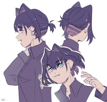 Rule 34 | 1girl, :3, alternate hairstyle, aqua eyes, blue hair, blue shirt, closed mouth, collared shirt, commentary, earrings, eyelashes, fang, from behind, from side, hair intakes, highres, hololive, hololive english, jewelry, long sleeves, multiple views, open mouth, ouro kronii, outline, ponytail, sheepinsleepin, shirt, short hair, short ponytail, simple background, smile, sparkle, undercut, upper body, virtual youtuber, white background, white outline