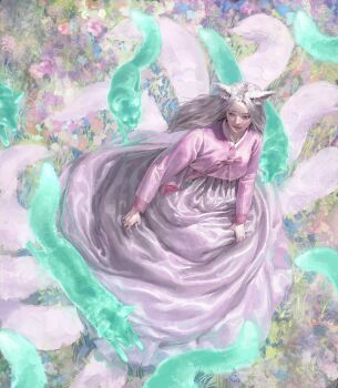 1girl animal animal_ears commentary english_commentary flower fox fox_ears fox_tail from_above ghost hanbok heo_sung-moo highres kitsune korean_clothes kyuubi lips long_hair long_skirt long_sleeves multiple_tails original outdoors painterly parted_bangs parted_hair pink_hanbok red_eyes ribbon skirt skirt_hold solo spirit tail white_hair