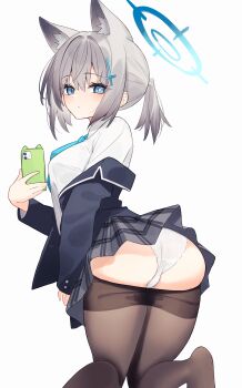 1girl absurdres animal_ear_fluff animal_ears ass blue_archive blue_eyes blue_necktie bright_pupils cellphone clothes_pull commentary_request diieru grey_hair highres holding holding_phone looking_at_viewer mirror_selfie mismatched_pupils necktie off_shoulder panties pantyhose pantyhose_pull phone pleated_skirt ponytail selfie shiroko_(blue_archive) shirt short_ponytail simple_background skirt smartphone solo taking_picture underwear white_background white_panties white_shirt wolf_ears