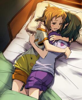 10s 2girls bed bed_sheet blush brown_eyes brown_hair bunk_bed from_above heart hug jpeg_artifacts kohinata_miku looking_away lying multiple_girls mutual_hug off_shoulder on_side open_mouth pillow print_shirt raglan_sleeves senki_zesshou_symphogear shirt short_hair shorts sketch smile t-shirt tachibana_hibiki_(symphogear) tsuta_no_ha yuri