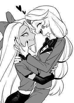 2girls :d absurdres belt bow bowtie breasts charlie_morningstar circle_facial_mark commentary_request cowboy_shot elbow_gloves face-to-face facing_another from_side gloves greyscale grin hair_bow hand_on_another&#039;s_cheek hand_on_another&#039;s_face hand_on_another&#039;s_shoulder hands_on_another&#039;s_back happy hatching_(texture) hazbin_hotel heart hellaverse highres hug jacket lapels long_hair long_sleeves looking_at_another low-tied_long_hair menma_(enaic31) monochrome multiple_girls nail_polish notched_lapels open_mouth pants profile shirt shirt_tucked_in short_sleeves signature simple_background skirt small_breasts smile swept_bangs teeth tongue traditional_bowtie vaggie very_long_hair white_background yuri