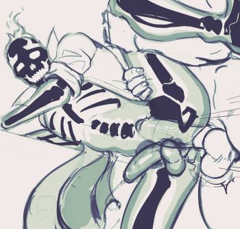 2boys absurdres anal ass bara burning commentary creature_commandos doctor_phosphorus english_commentary erection highres lab_coat legs_up male_focus multiple_boys open_mouth penis precum sex skeleton testicles yaoi zinny_(vhkansfweer)