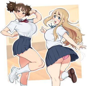 2girls ass bad_anatomy blonde_hair blue_skirt blush breasts brown_eyes brown_hair brown_shoes closed_mouth embarrassed flexing flying_sweatdrops from_behind highres iroquoisdomi k-on! kotobuki_tsumugi large_breasts lips loafers long_hair looking_at_viewer motion_lines multiple_girls open_mouth panties pantyshot pink_panties pleated_skirt school_uniform shirt shoes short_hair short_twintails skirt smile sneakers standing suzuki_jun teeth thick_eyebrows twintails underwear upper_teeth_only watch white_shirt white_shoes wristwatch