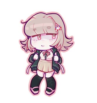 Rule 34 | 1girl, black thighhighs, blunt bangs, blush, breasts, brown hair, chibi, chibi only, commentary, danganronpa (series), danganronpa 2: goodbye despair, dumo-demonz, english commentary, eyelashes, full body, green jacket, hair ornament, holding strap, jacket, long sleeves, nanami chiaki, neck ribbon, open clothes, open jacket, pink eyes, pink ribbon, pink shoes, ribbon, shoes, short hair, smile, solo, thick eyebrows, thighhighs, transparent background