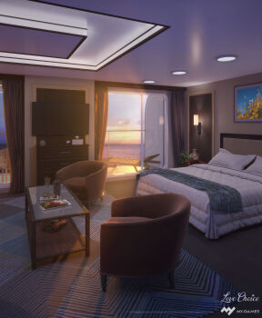 3d armchair balcony bed bed_sheet bedroom blanket blue_sky book book_stack carpet chair chest_of_drawers cloud cloudy_sky drawer glass_door highres no_humans open_door orange_sky original painting_(object) picture_frame scenery shadow sky sunset surafin table television window_shadow