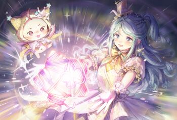 Rule 34 | 1girl, absurdres, ahoge, animal, aqua hair, beads, black hat, blue eyes, bow, bowtie, braid, cat, cloak, clothed animal, cowboy shot, crown, dress, ear covers, earrings, eyelashes, floating, floating clothes, frilled gloves, frilled headwear, frilled sleeves, frilled wrist cuffs, frills, gloves, glowing, hair beads, hair ornament, happy, hat, hat ornament, highres, hood, hood up, hooded cloak, infinity nikki, jewelry, light blush, light particles, long hair, looking at object, mini crown, mini hat, mini top hat, momo (nikki), night, nikki (nikki), nikki (series), object floating above hand, one side up, open mouth, origami, outdoors, outstretched arms, paper crane, pleated dress, puffy short sleeves, puffy sleeves, purple bow, purple bowtie, purple cloak, purple eyes, ringlets, sasami (shiroi fuwafuwa), short sleeves, sidelocks, single braid, smile, sparkle, star (symbol), star hat ornament, star in eye, star print, striped clothes, striped dress, symbol in eye, top hat, vertical-striped clothes, vertical-striped dress, very long hair, wavy hair, whimstar (infinity nikki), white cat, white dress, white gloves, wings of wishes (infinity nikki), wrist cuffs, yarn, yellow bow, yellow bowtie, yellow wrist cuffs