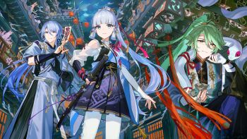 1girl 2boys absurdres alternate_costume alternate_hair_length alternate_hairstyle animalization arataki_itto asymmetrical_gloves ayaka_(genshin_impact) baizhu_(genshin_impact) black_gloves blue_eyes blue_hair bridal_gauntlets cat changsheng_(genshin_impact) closed_mouth fingerless_gloves genshin_impact gloves gorou_(genshin_impact) highres holding holding_sword holding_weapon hoyofair kaedehara_kazuha kamisato_ayato kirara_(genshin_impact) kujou_sara kuki_shinobu long_hair long_sleeves looking_at_viewer mismatched_gloves multiple_boys nekomata outdoors pantyhose ponytail raiden_shogun sangonomiya_kokomi sayu_(genshin_impact) shikanoin_heizou standing sword teru2307 thoma_(genshin_impact) weapon white_bridal_gauntlets white_pantyhose yae_miko yoimiya_(genshin_impact) yumemizuki_mizuki