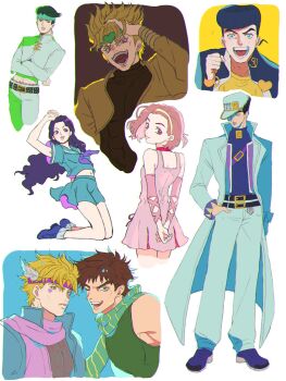 2girls 6+boys blonde_hair brown_hair caesar_anthonio_zeppeli commentary_request crossed_arms dio_brando dress gakuran hairband hand_in_pocket hat headband higashikata_josuke high_collar highres jojo_no_kimyou_na_bouken joseph_joestar joseph_joestar_(young) kishibe_rohan kuujou_joutarou long_hair looking_at_viewer looking_back love1loooomy multiple_boys multiple_girls neckerchief open_mouth pink_dress pink_hair pompadour purple_neckerchief scarf school_uniform short_hair sleeveless smile sugimoto_reimi yamagishi_yukako