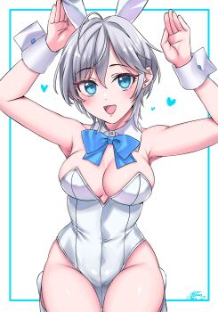 1girl anastasia_(idolmaster) animal_ear_hairband animal_ears bare_shoulders blue_bow blue_bowtie blue_eyes blush bow bowtie breasts cleavage detached_collar fake_animal_ears grey_hair groin hair_between_eyes hairband highres idolmaster idolmaster_cinderella_girls larmen_sennin leotard looking_at_viewer medium_breasts open_mouth playboy_bunny rabbit_ear_hairband rabbit_ears rabbit_pose short_hair smile solo thighs white_leotard wrist_cuffs