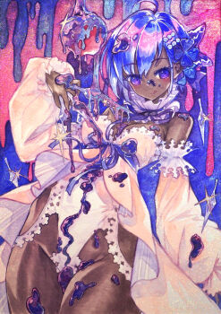 1girl :q bare_shoulders blush breasts chikinan_tarou dark-skinned_female dark_skin dress fate/grand_order fate_(series) hassan_of_serenity_(fate) hassan_of_serenity_(lostroom_outfit)_(fate) highres looking_at_viewer marker_(medium) painting_(medium) purple_eyes revealing_clothes short_hair small_breasts smile solo tongue tongue_out traditional_media watercolor_(medium) white_dress