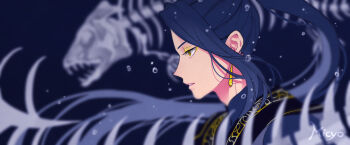 1boy artist_name blue_hair earrings eyeshadow floating_hair he_xuan jewelry looking_ahead makeup male_focus micyomon parted_lips ponytail profile sidelocks skeleton solo tianguan_cifu water_drop yellow_eyes yellow_eyeshadow