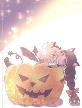 Rule 34 | 2girls, absurdres, animal ear fluff, animal ears, arupaka5tuki, black hair, blonde hair, blush, braid, cat ears, commentary request, demon wings, fake horns, hairband, halloween, hand on another's shoulder, highres, horn hairband, horns, inoue takina, jack-o'-lantern, long hair, lycoris recoil, multiple girls, nishikigi chisato, purple eyes, red eyes, saliva, saliva trail, short hair, single braid, wings, yuri