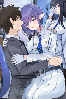 1boy 2girls :d ^^^ absurdres aoi_(blue_archive) assertive_female aura belt black_belt black_hair blank_eyes blue_archive blue_eyes blue_hair blue_halo blue_necktie blush breasts brown_hair buttons caught chair commentary cowboy_shot dark_aura double-breasted earclip expressionless flirting from_side glasses gloves hair_between_eyes halo hand_on_own_face hand_up heart heart-shaped_pupils highres hug indoors jacket large_breasts long_hair long_skirt looking_at_another mi_taro333 multiple_girls necktie office_chair on_chair open_mouth parted_lips pleated_skirt pointy_ears profile rin_(blue_archive) scared sensei_(blue_archive) sensei_(blue_archive_the_animation) short_hair sitting sitting_on_lap sitting_on_person skirt slit_pupils smile spiked_hair standing straight_hair swivel_chair symbol-shaped_pupils white_gloves white_jacket white_skirt