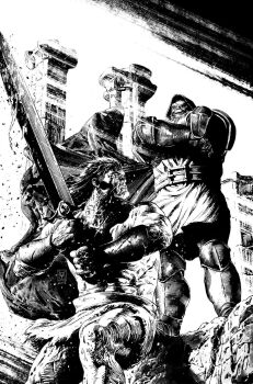 2018 2boys architecture armor artist_name barbarian black_hair cape comic_cover commentary conan_(series) conan_the_barbarian crossed_arms dated doctor_doom english_commentary full_armor fur-trimmed_armor fur_trim greco-roman_architecture greyscale highres holding holding_sword holding_weapon hood hooded_cape loincloth long_hair marvel mask metal_mask monochrome multiple_boys muscular muscular_male pillar power_armor sidelighting signature sunlight superhero_costume sword valerio_giangiordano weapon western_comics_(style)