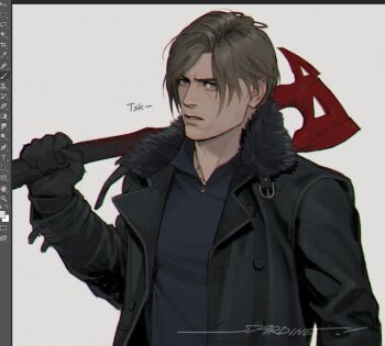 Rule 34 | 1boy, art program in frame, artist name, axe, beard stubble, black coat, black gloves, black shirt, blonde hair, coat, facial hair, fur-trimmed coat, fur trim, furrowed brow, gloves, grey background, hashtag-only commentary, holding, holding axe, leon s. kennedy, male focus, over shoulder, parted bangs, parted lips, resident evil, resident evil requiem, sardine (kjr0313), shirt, short hair, solo, stubble, weapon, weapon over shoulder