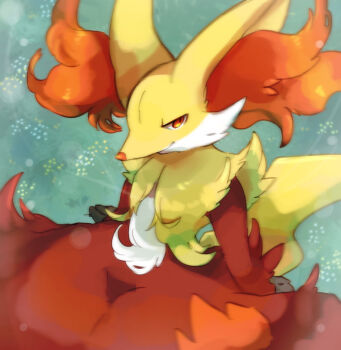 animal_ears delphox fox_ears fox_tail furry gen_6_pokemon highres nintendo orange_eyes orange_fur pokemon pokemon_(creature) red_fur sitting smile solo tail white_fur yellow_fur