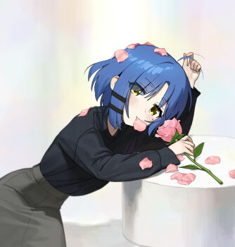 1girl absurdres ahoge alternate_costume b1026 black_sweater blue_hair blush bocchi_the_rock! closed_mouth flower formal_clothes grey_skirt hair_ornament hairclip highres holding holding_flower leaning_on_table light_blush long_sleeves looking_at_viewer mole mole_under_eye mouth_hold petals pink_flower pink_rose rose rose_petals school_uniform shadow short_hair simple_background skirt skirt_suit solo suit sweater white_background yamada_ryo yellow_eyes